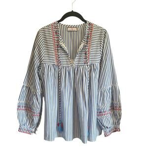 CK Bradley Oopsy Blouse Blue Stripe Embroidered Balloon Sleeve Top Sz Medium